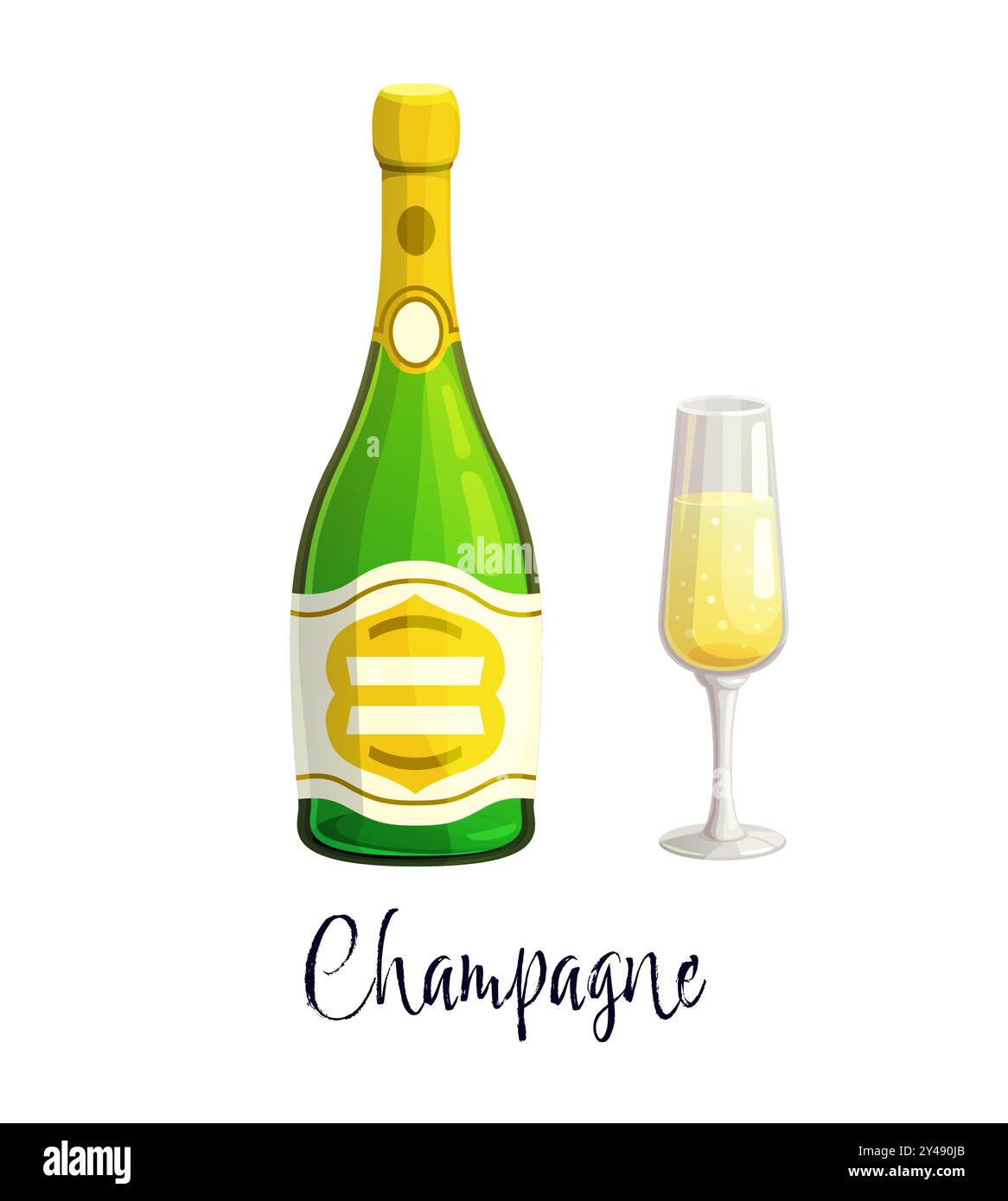 Champagne alcohol bottle and glass of drink beverage, vector cartoon icon. Champagne or sparkling wine and prosecco bottle with glass for bar menu or party and holiday celebration and alcohol drinks Stock Vector