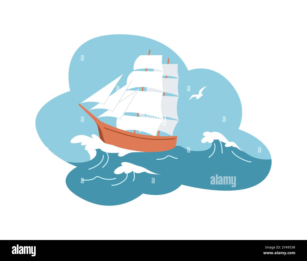 Ship with white sails in foaming waves flat vector icon Stock Vector
