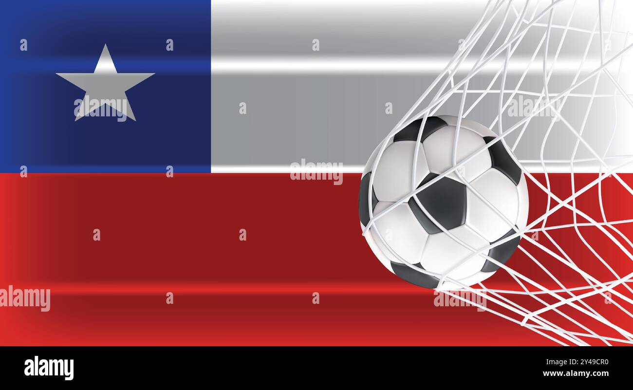 Soccer or Football ball in Goal Net Isolated on Chile Shaded Flag, Sports Accessory Equipment for Playing Game, Championship and Competition Design Stock Vector