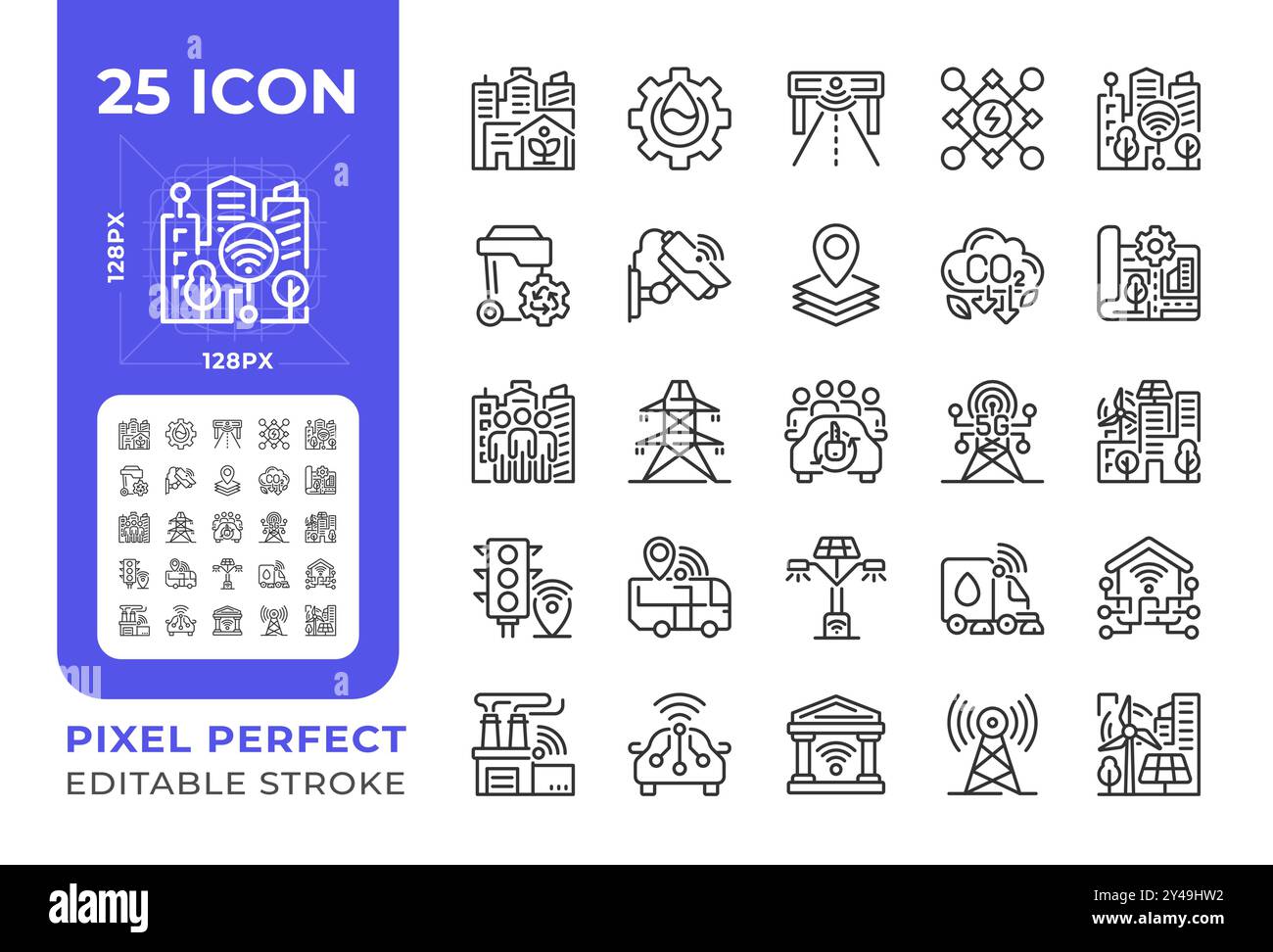 Smart city pixel perfect linear icons set Stock Vector