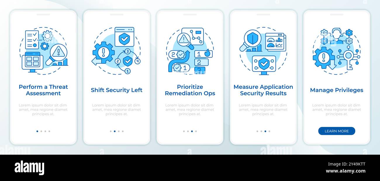 Types of security practices blue onboarding mobile app screen Stock ...