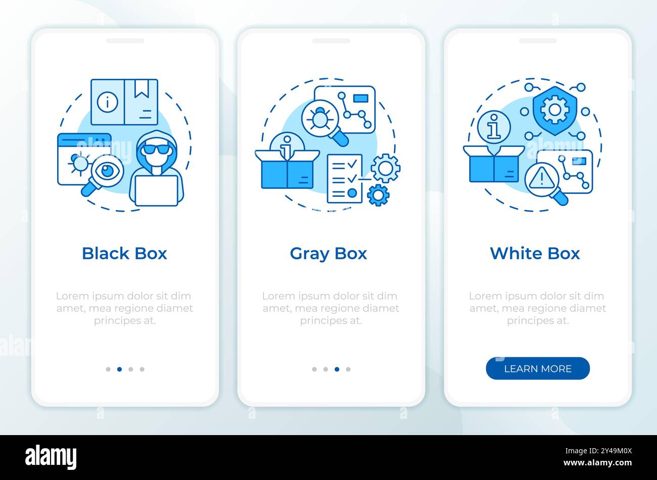 Application penetration testing blue onboarding mobile app screen Stock Vector