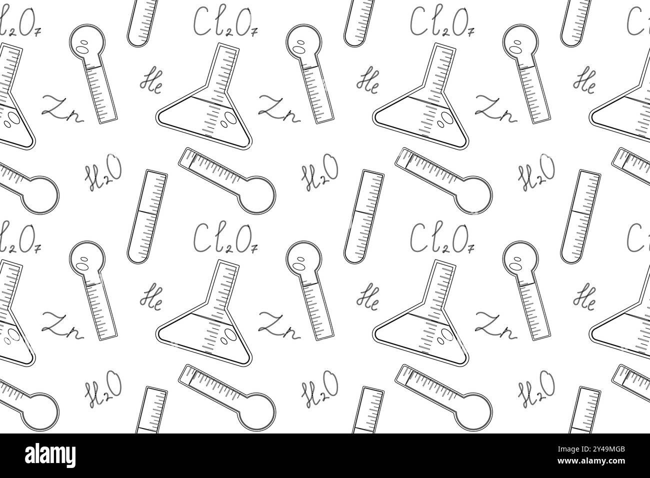 Seamless pattern of chemistry lab tools including flasks, thermometers, and formulas. Perfect for coloring books and educational projects. Stock Vector