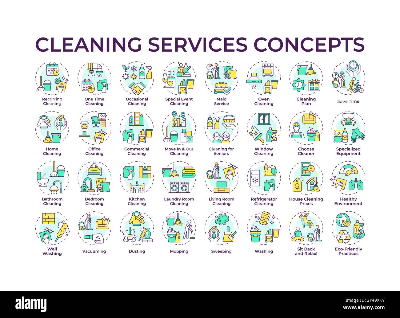 Cleaning services multi color concept icons Stock Vector