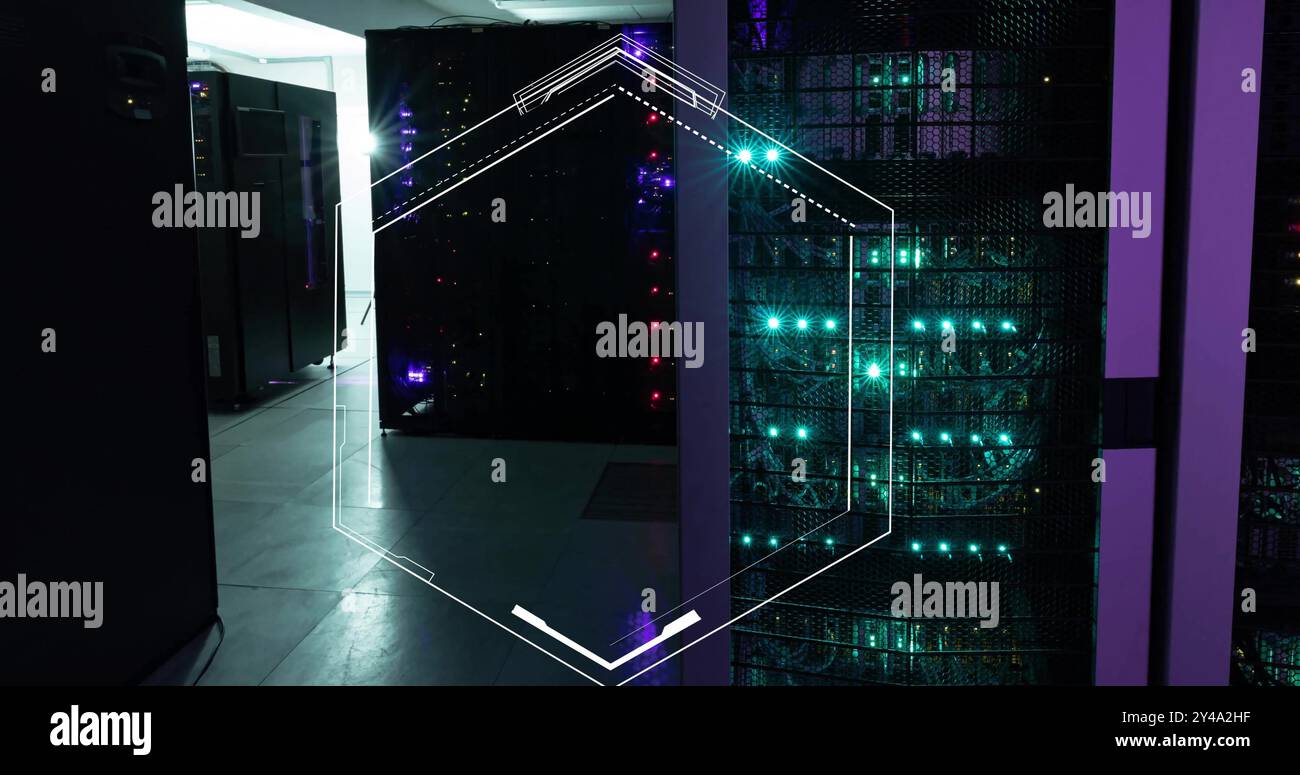 Image of hexagonal scanner frame over glowing computer servers in server room Stock Photo