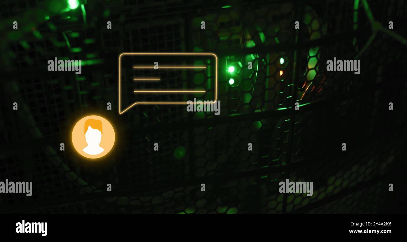 Image of orange chat bot message icon over glowing computer server in dark room Stock Photo