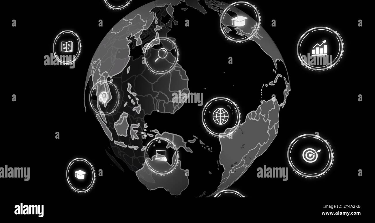 Image of digital icons and data processing over globe on black ...
