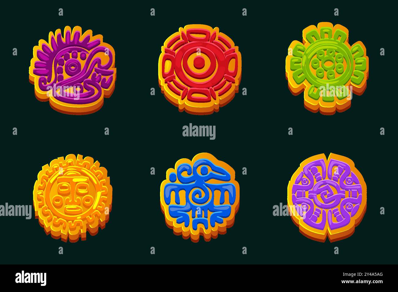 Maya or Aztec symbols, colored hieroglyphs of the Maya calendar. Icons for your for your casual game or slot. 2D game assets Stock Vector