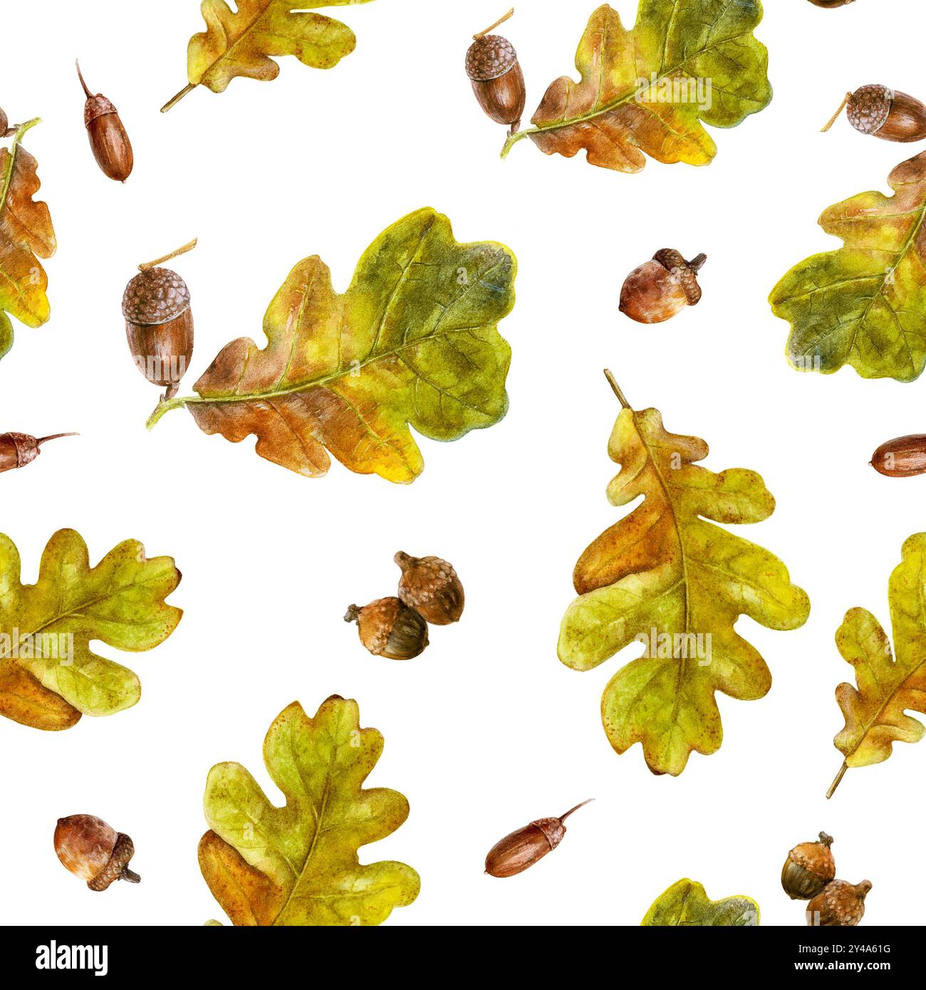 Hand-Painted Watercolor Seamless Autumn Oak Leaves and Acorns Pattern ...