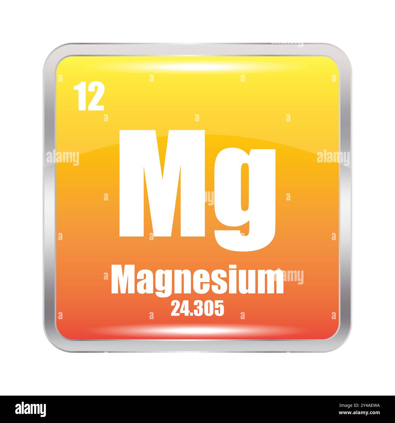 Magnesium element square. Mg symbol. Atomic number 12. Atomic mass 24.305. Stock Vector