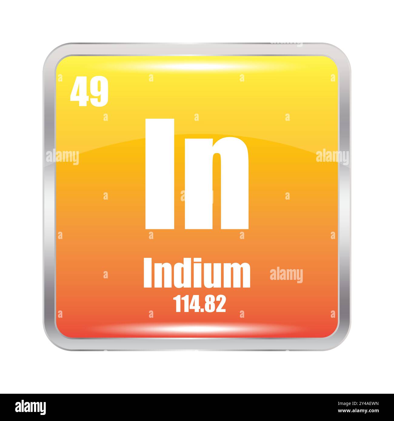 Indium icon. In chemical element. Atomic number 49. Mass 114.82. Yellow square image. Vector symbol. Stock Vector