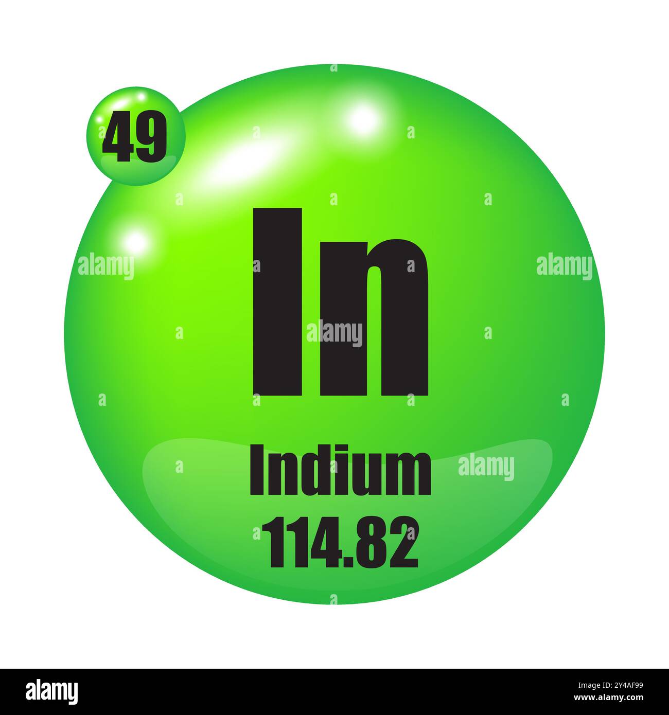 Indium icon. In chemical element. Atomic number 49. Mass 114.82. Green