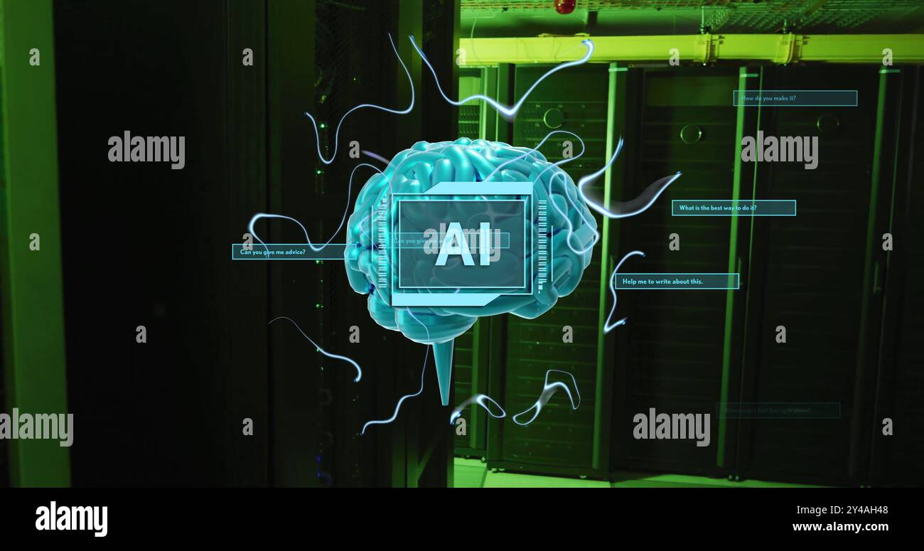 Image of ai text, brain and data processing over computer servers Stock ...