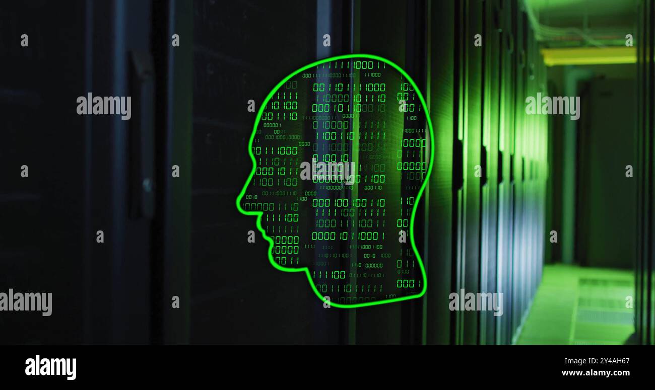 Image of ai binary coding, brain and data processing over computer servers Stock Photo