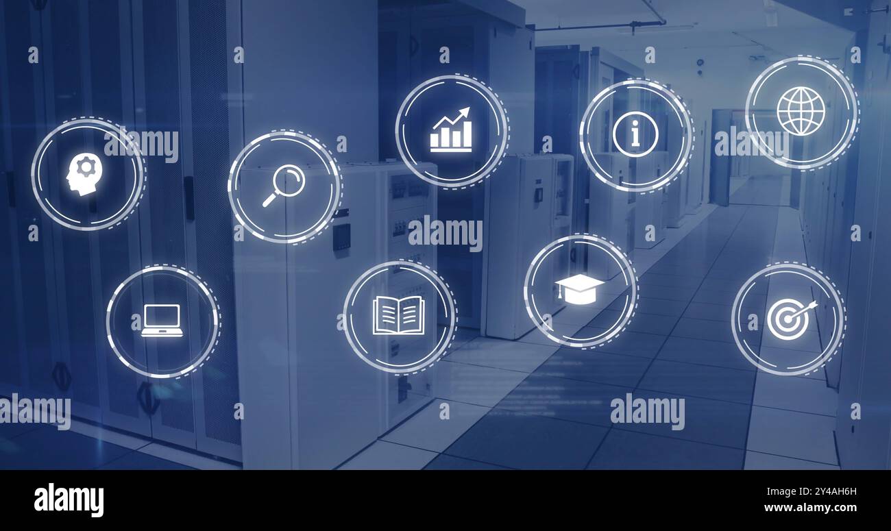 Image of network of digital icons and computer servers Stock Photo