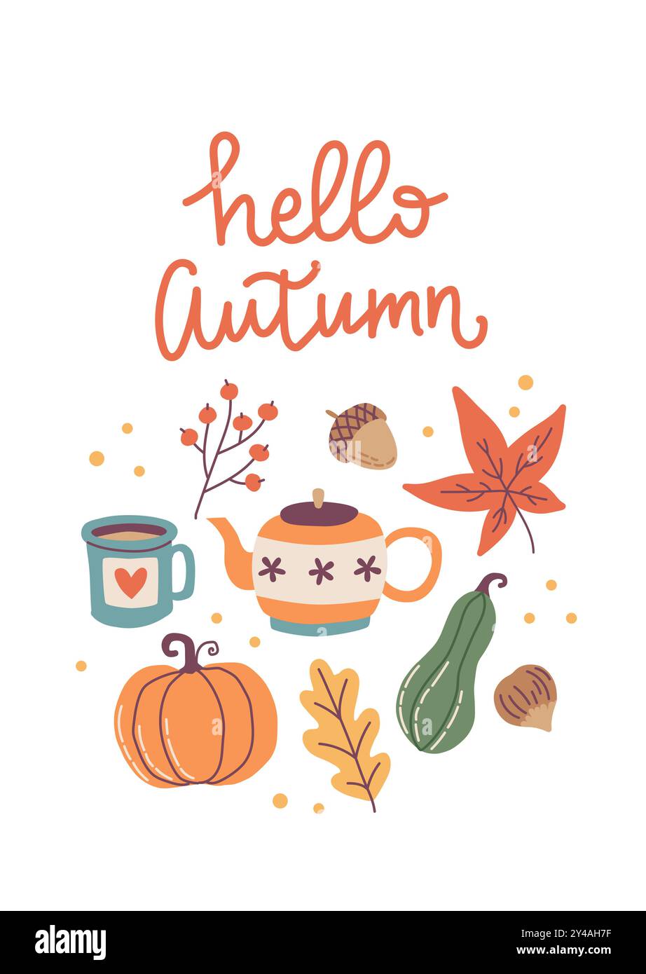 Hello autumn card. Hand drawn calligraphy and cute seasonal elements ...