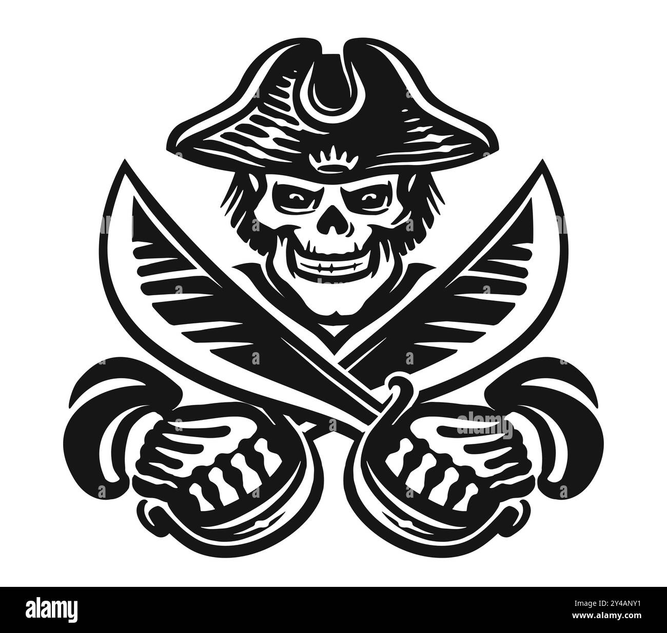 Sea pirate skull with crossed sabers in his hands. Hand drawn evil skeleton, black and white vector illustration Stock Vector