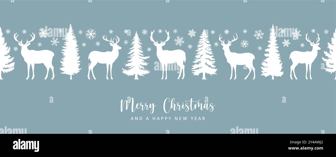christmas greeting card with seamless deer and fir tree pattern vector ...