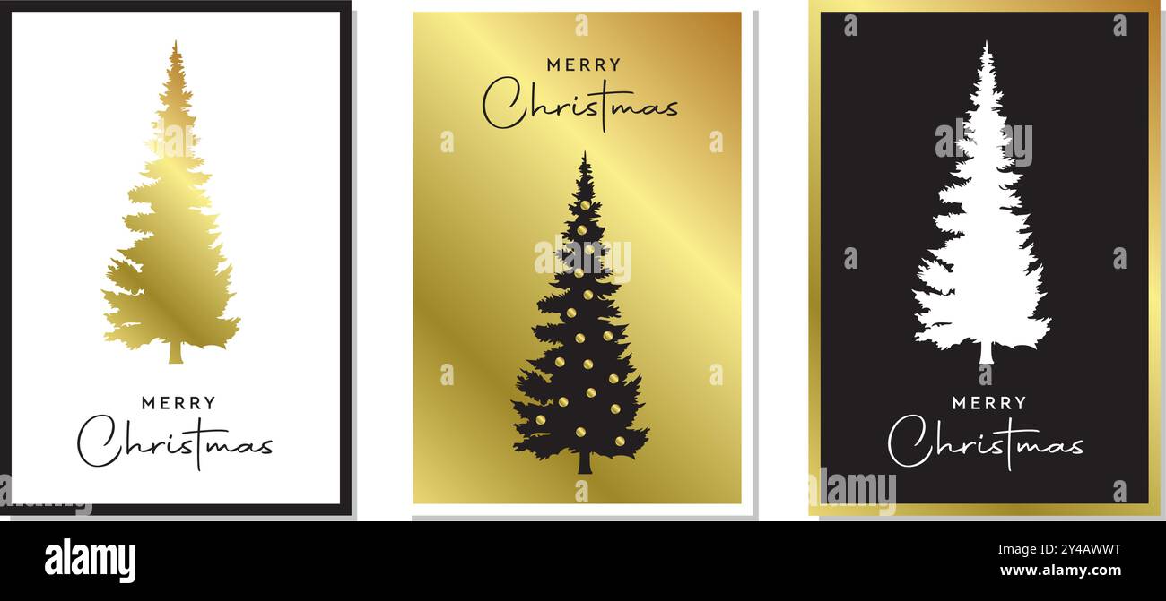 set of christmas greeting cards with fir tree in gold vector ...