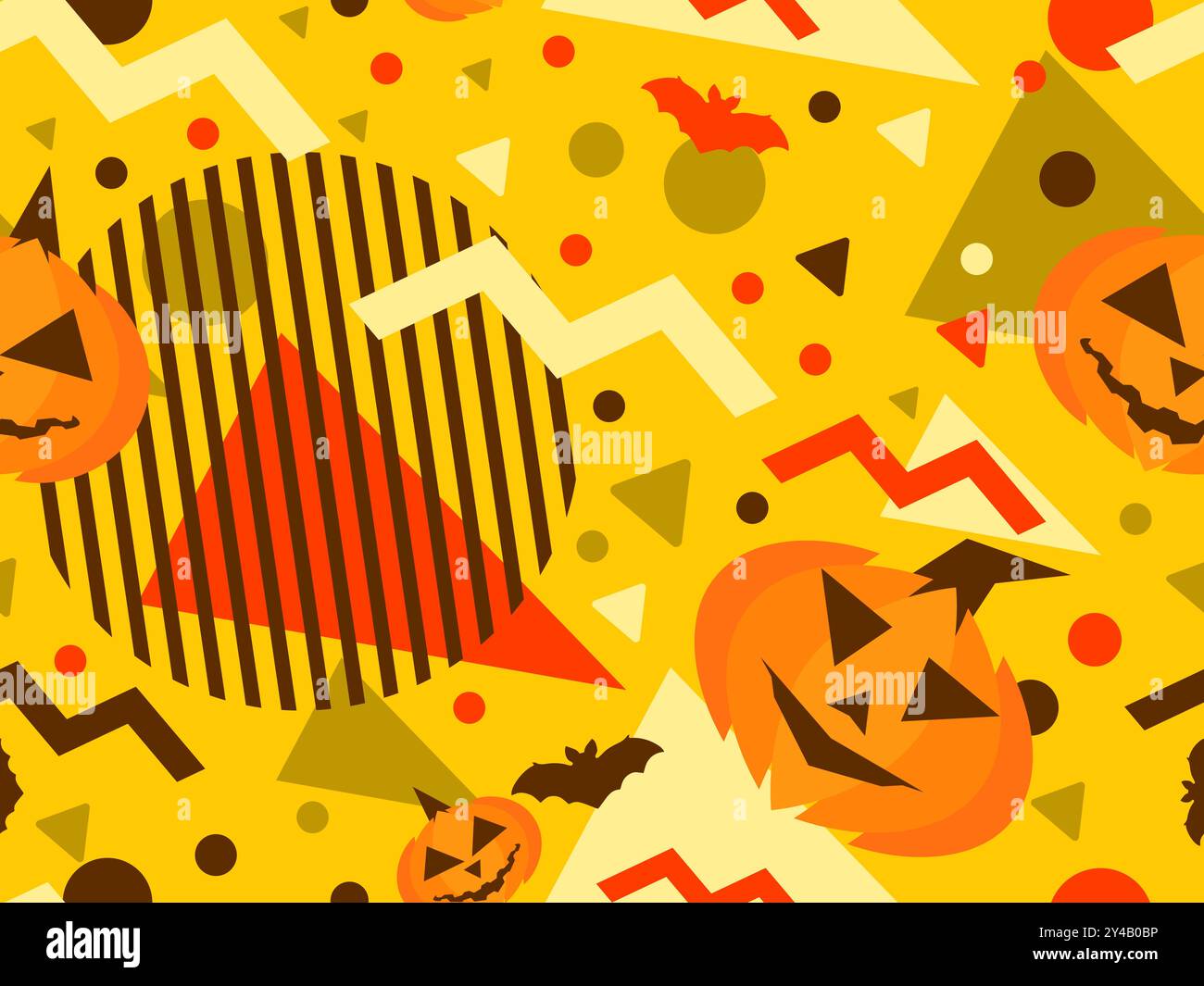 Halloween seamless pattern with geometric shapes in 80s memphis style. Halloween carved pumpkin with bats and geometric shapes. Jack o lantern, trick Stock Vector