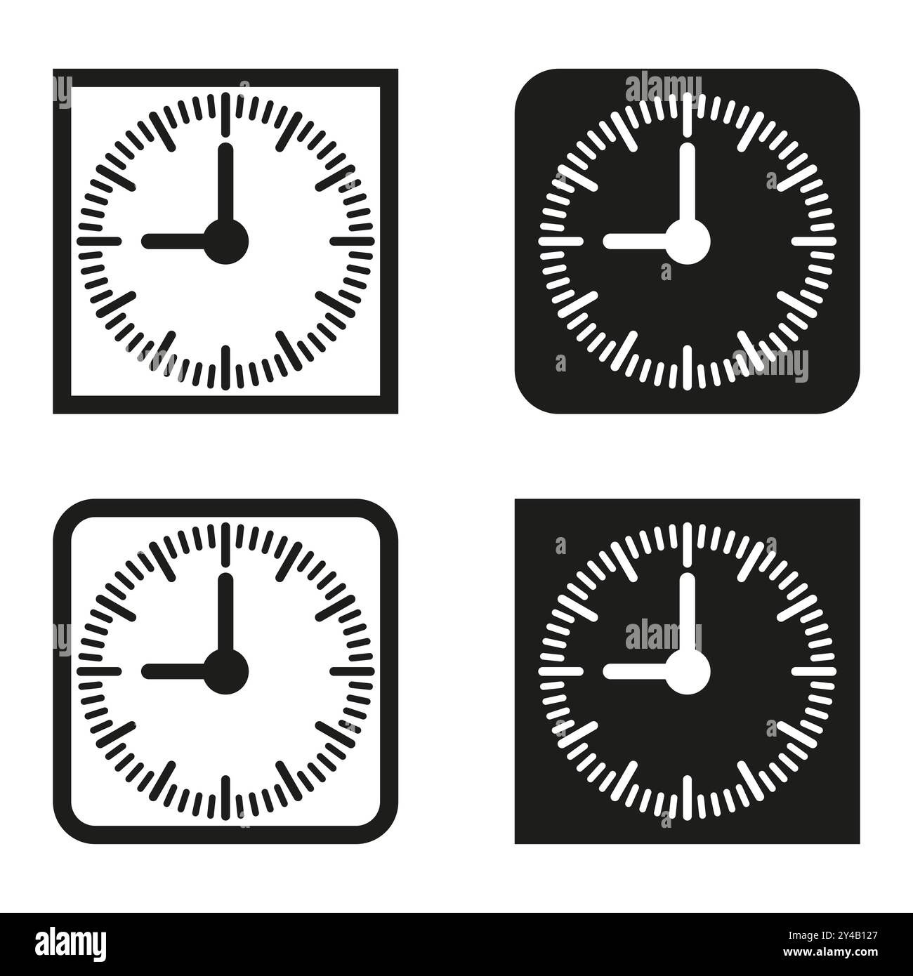 Clock icon set. Square analog clocks. Black and white dials. Time ...