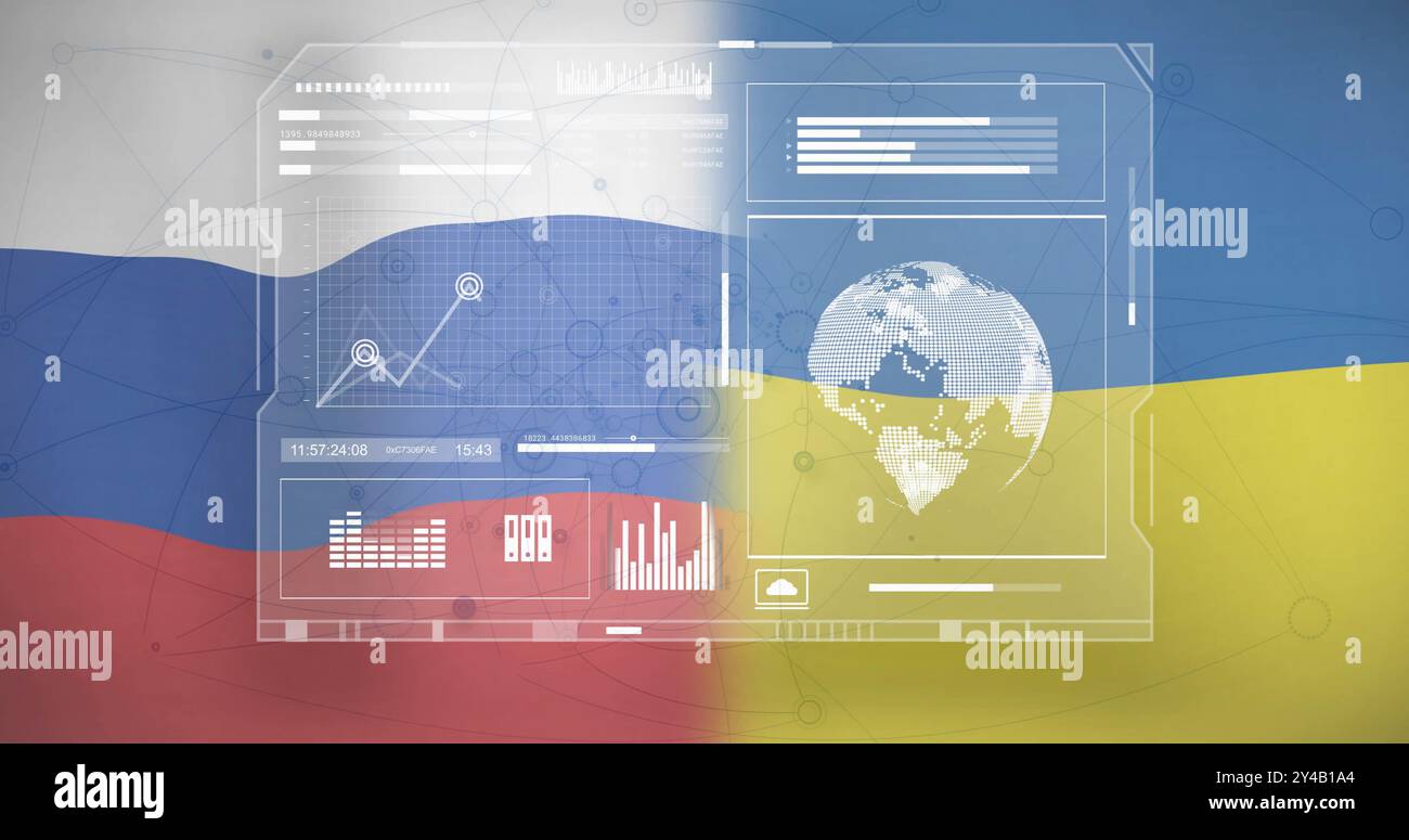 Data analysis image over Russian and Ukrainian flags background Stock Photo