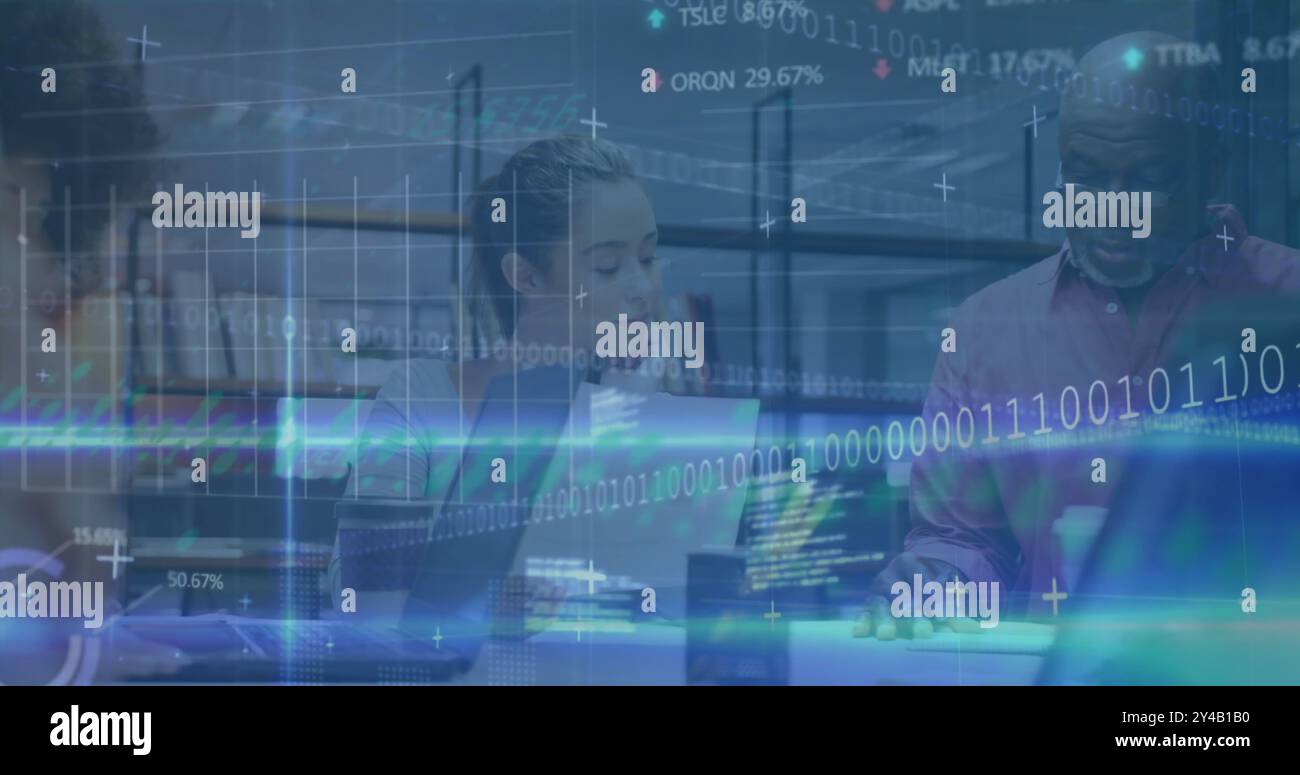 Image of financial data processing over diverse business people in office Stock Photo