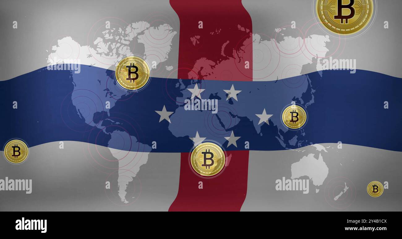 Bitcoin symbols image over world map and flag of Netherlands Antilles Stock Photo