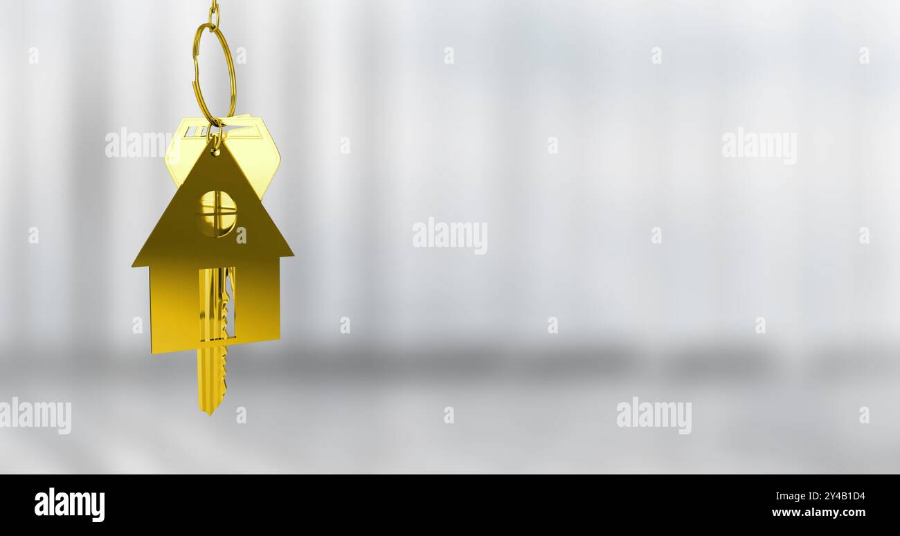 Golden house keychain image over blurred background Stock Photo