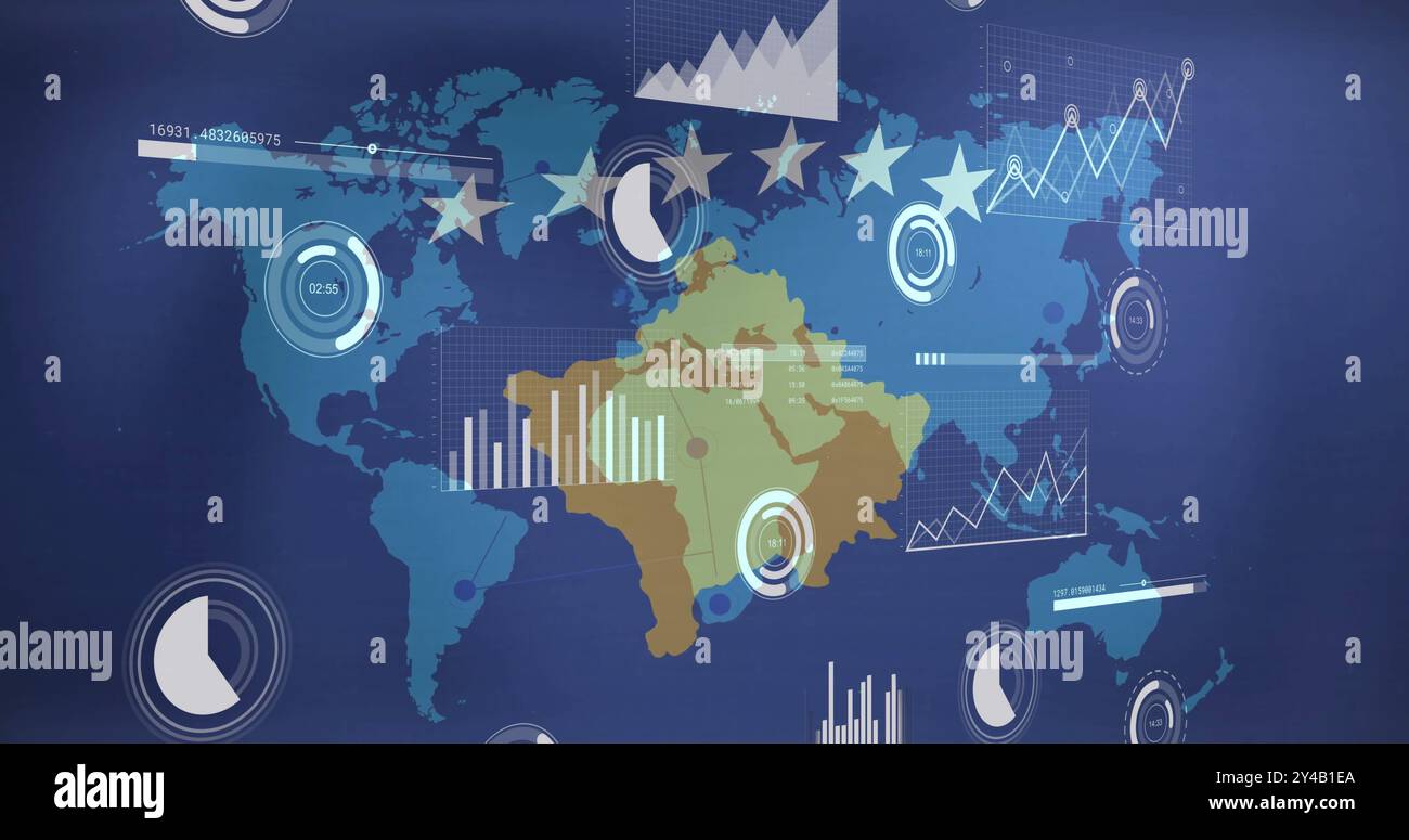 World map with data charts and graphs image over flag of Kosovo Stock ...