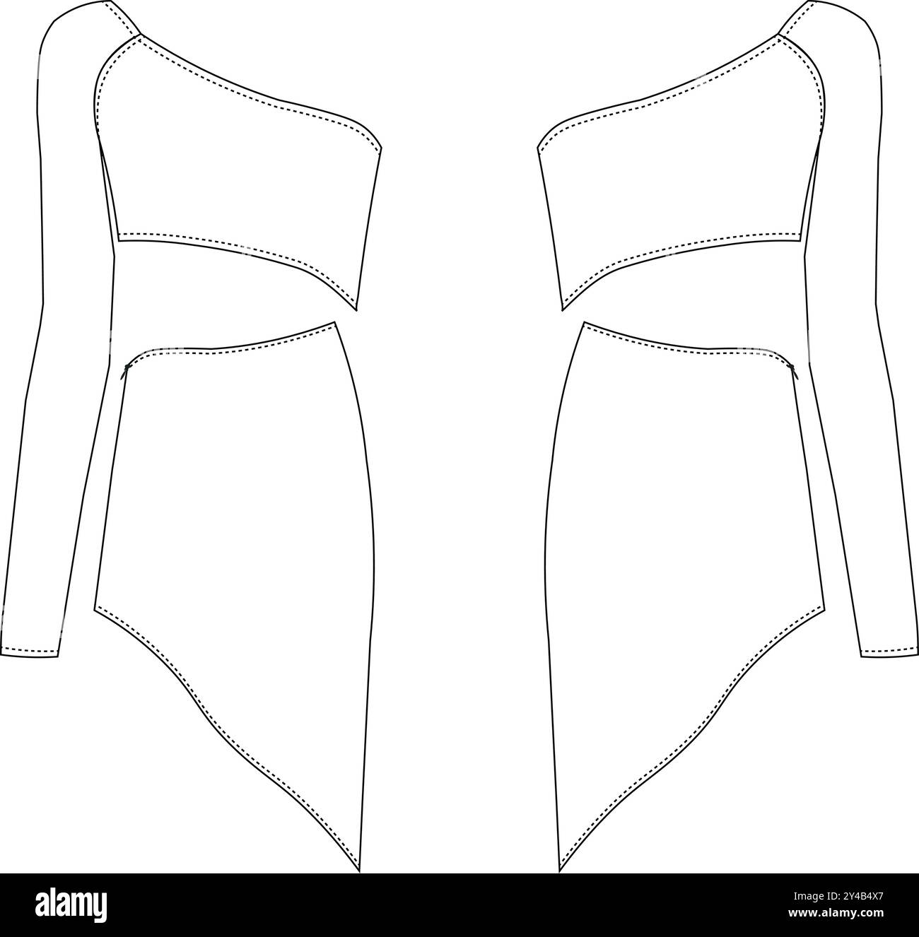 one shoulder asymmetric neck long sleeve two piece blouseasymmetric hem short skirt set dress technical drawing flat sketch Stock Vector