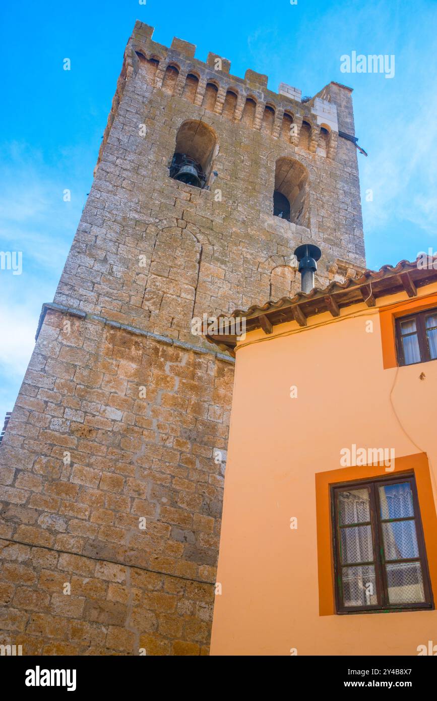 Tower of San Pedro church. Gumiel de Mercado, Burgos province, Castilla Leon, Spain. Stock Photo