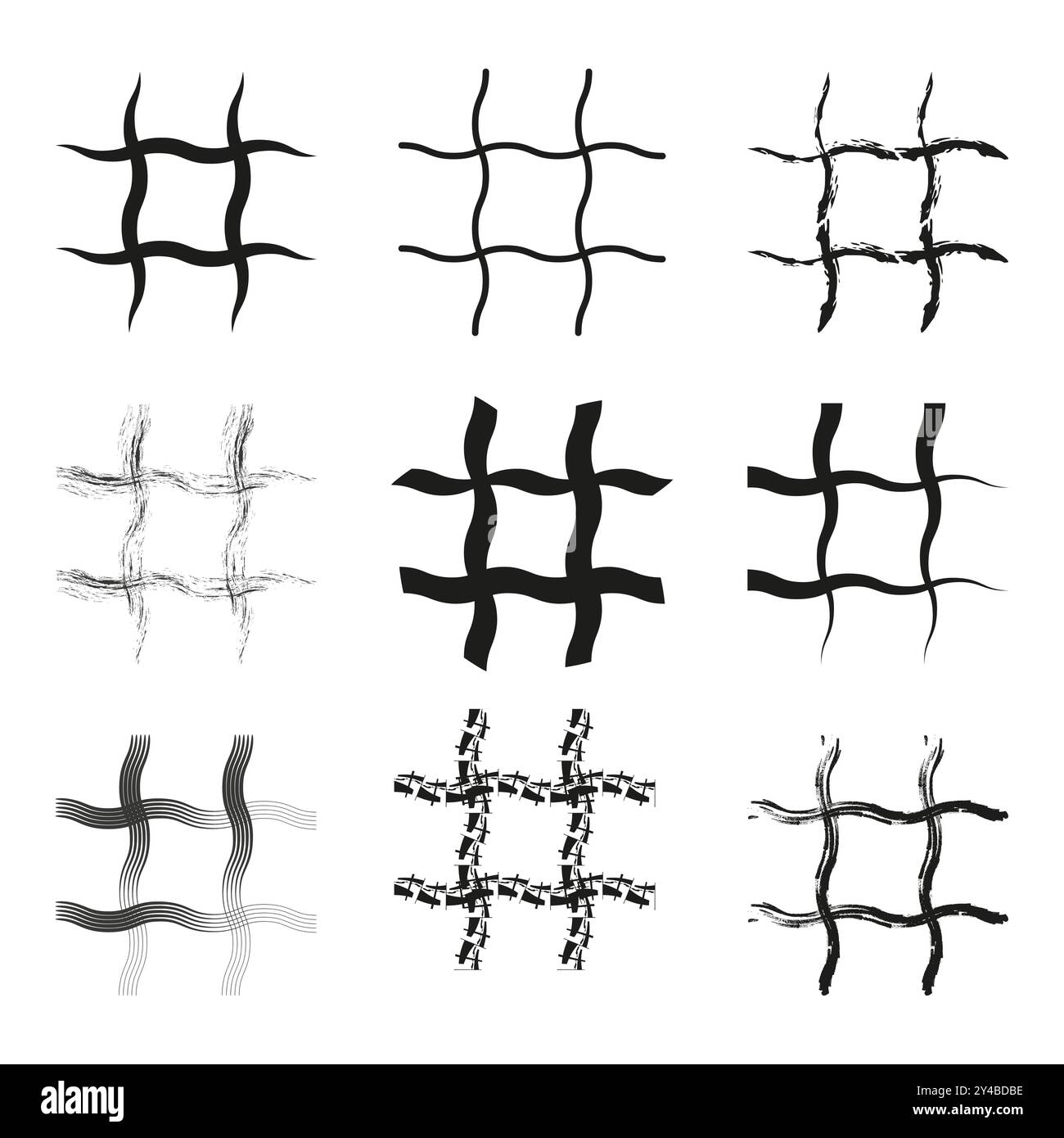 Wavy grid designs. Black abstract patterns. Vector decorative elements. Creative geometric shapes. Stock Vector