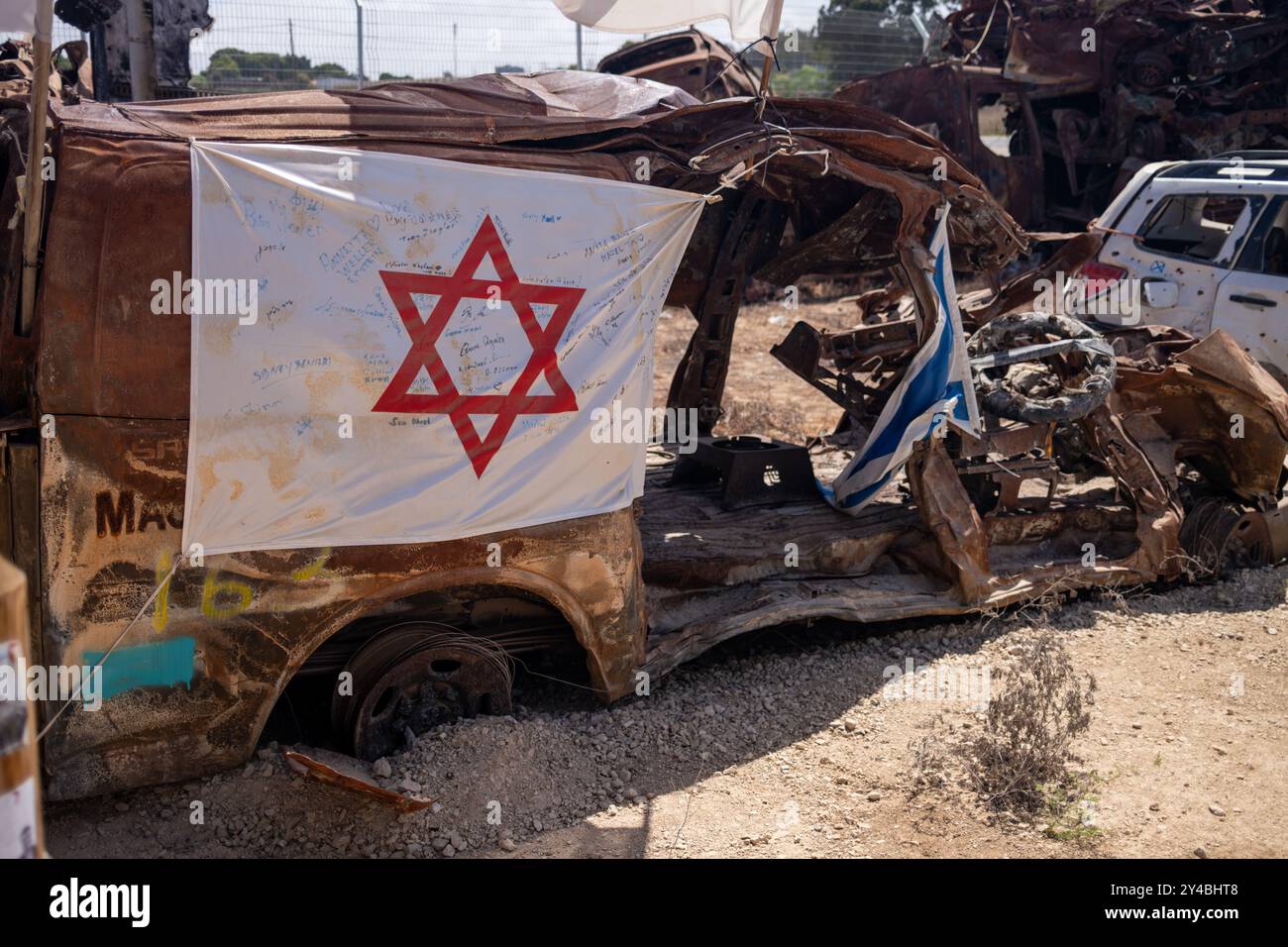 A wrecked ambulance from the October 7 Israel-Gaza war, highlighting the destruction caused during the conflict. Stock Photo