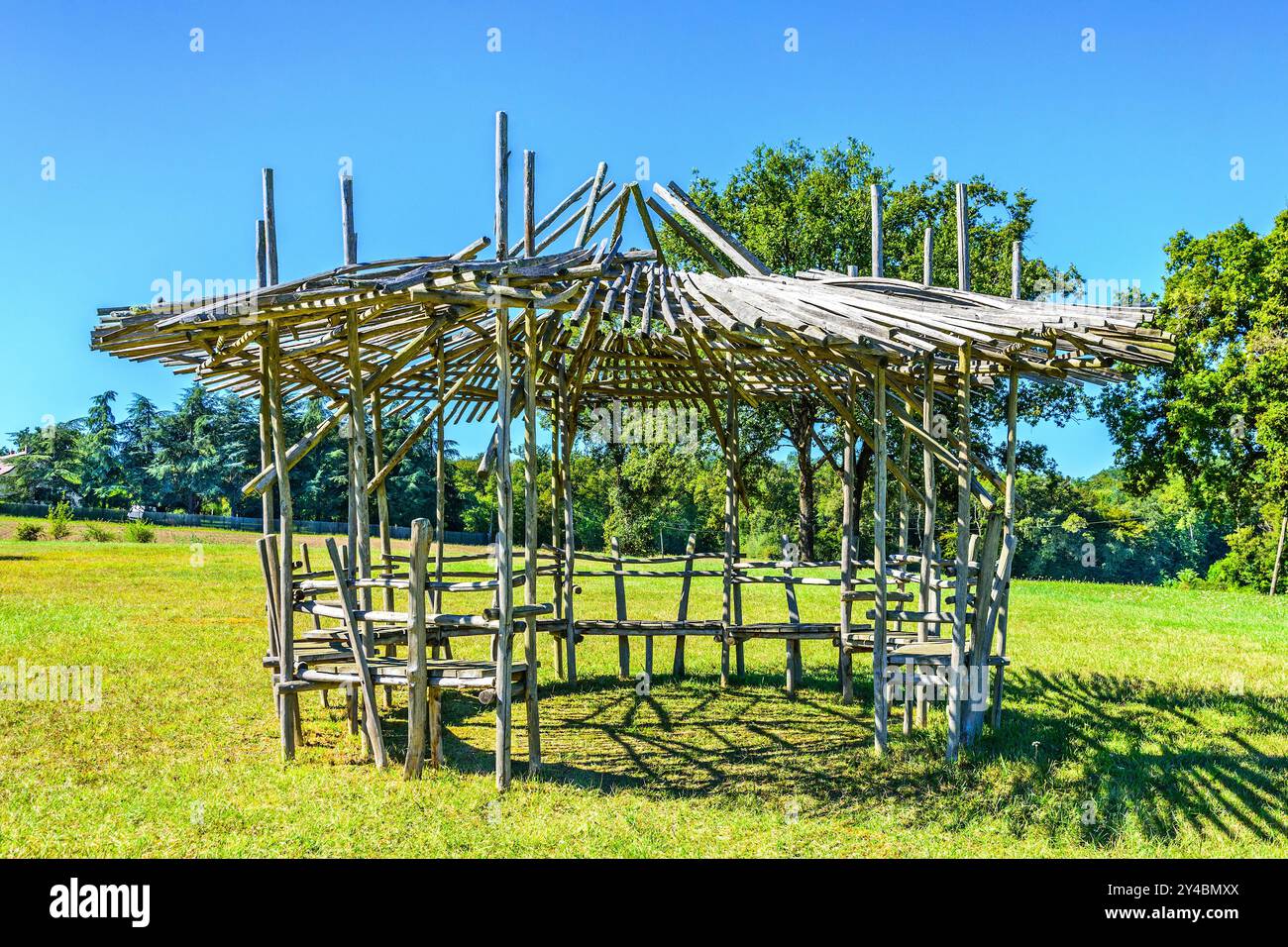 Wooden construction on picnic site outside village of Boussay in the sud-Touraine region of central France. Stock Photo