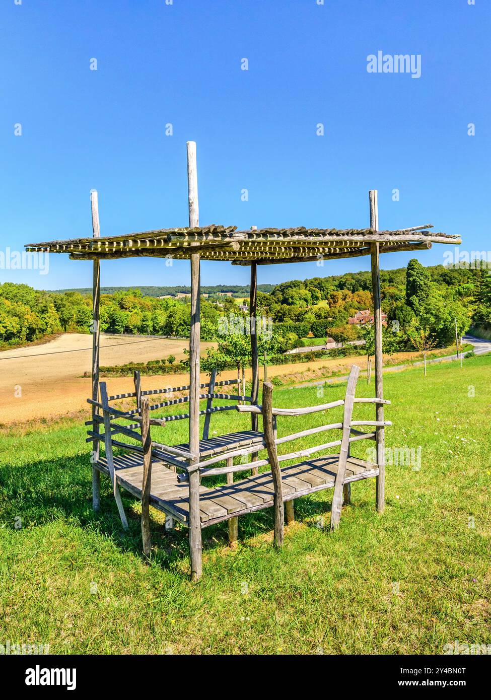 Wooden construction on picnic site outside village of Boussay in the sud-Touraine region of central France. Stock Photo