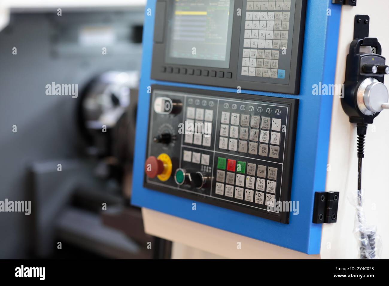 CNC control panel of industrial metalworking turning machine. Selective ...