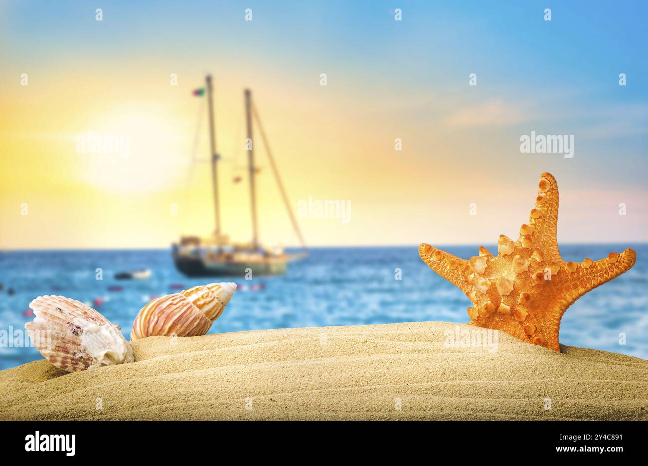 Starfish and shells on sandy beach on a background of sailboat Stock ...