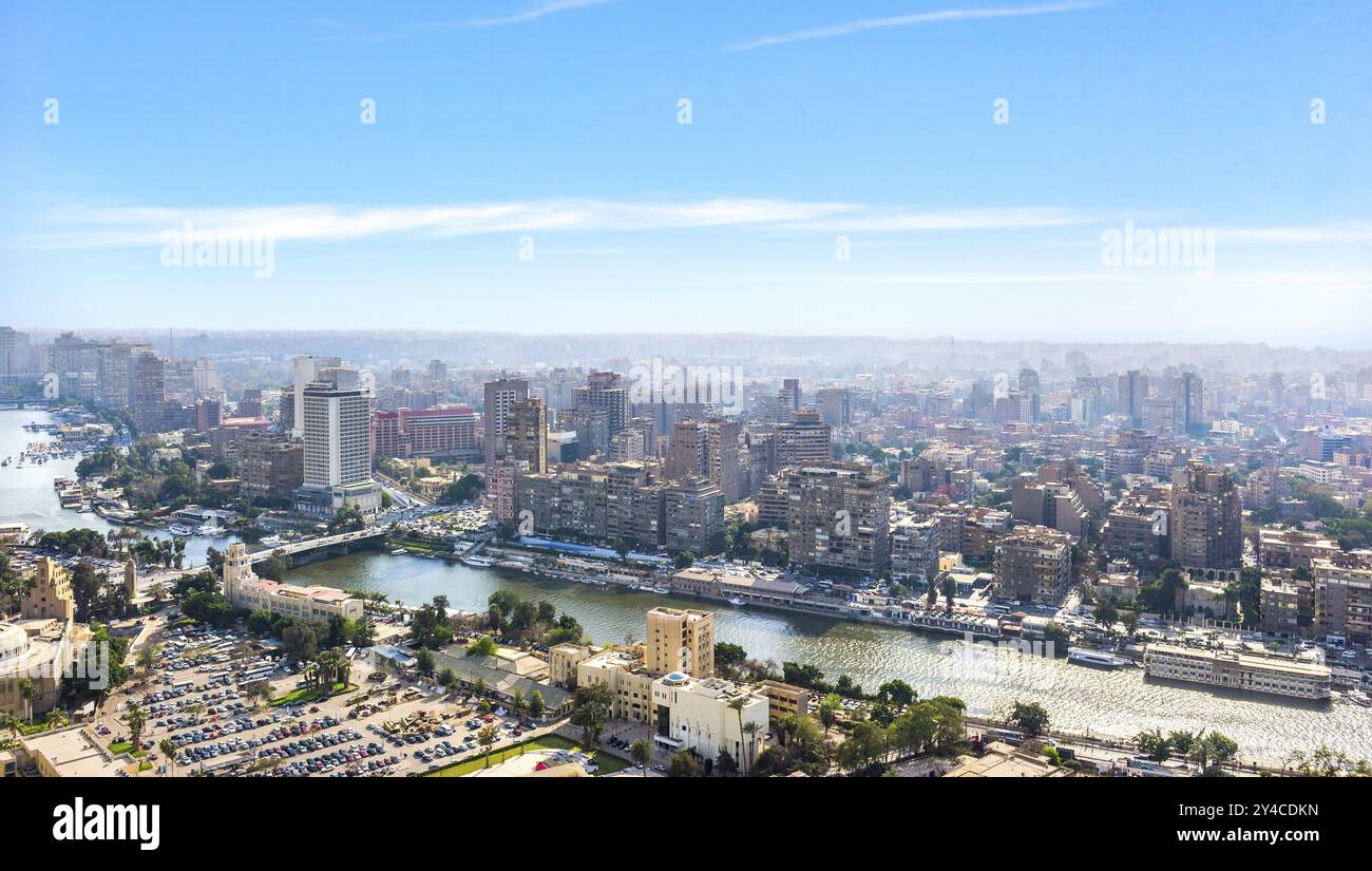 Downtown of Cairo on the bank of Nile river at sunset, Egypt, Africa ...