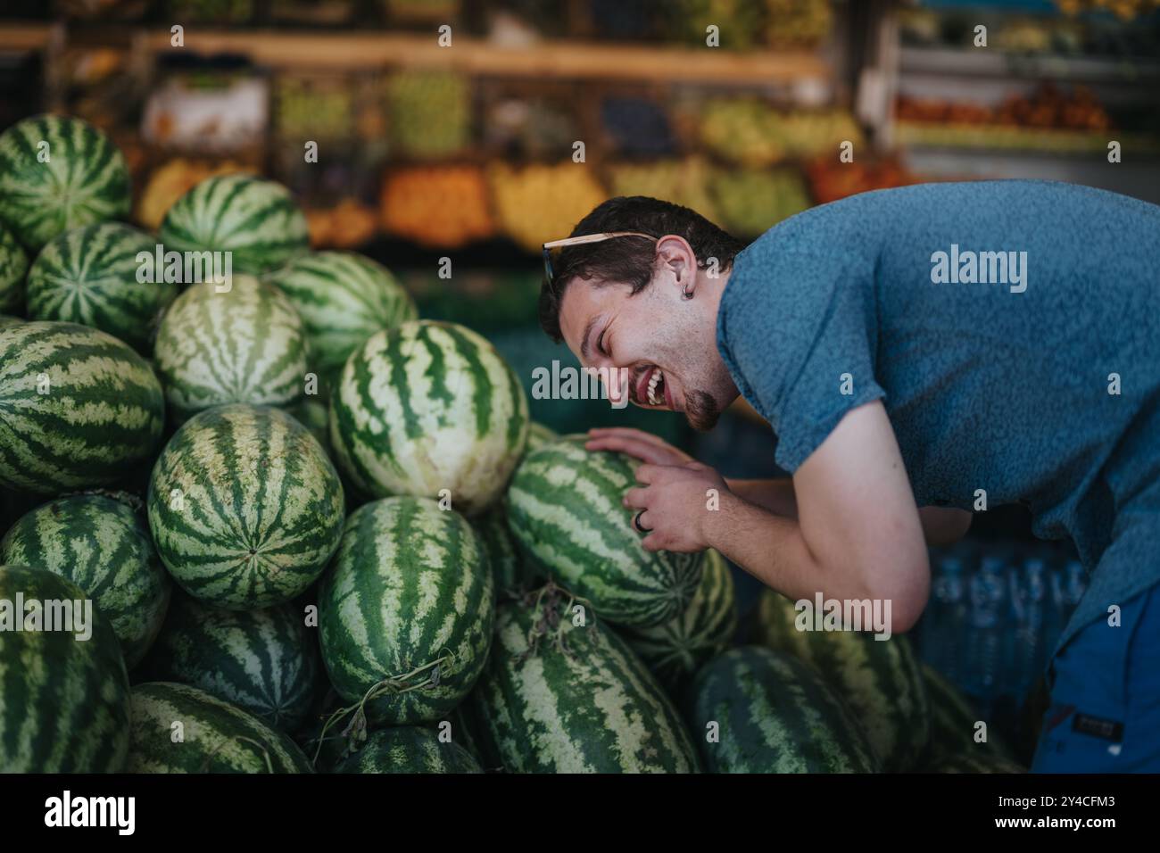 Joyful shopping at the local market with fresh fruits and vegetables ...