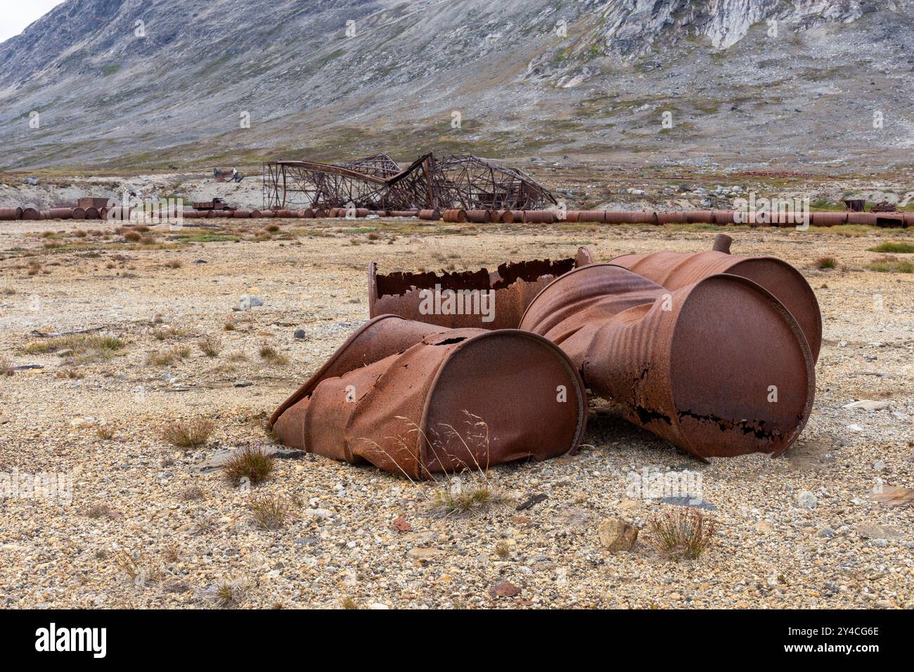 Rusted remains of the former US Army Air Forces military base Bluie East Two, 2.Ikateq Fjord, Ammassalik, eastern Greenland, Denmark Stock Photo