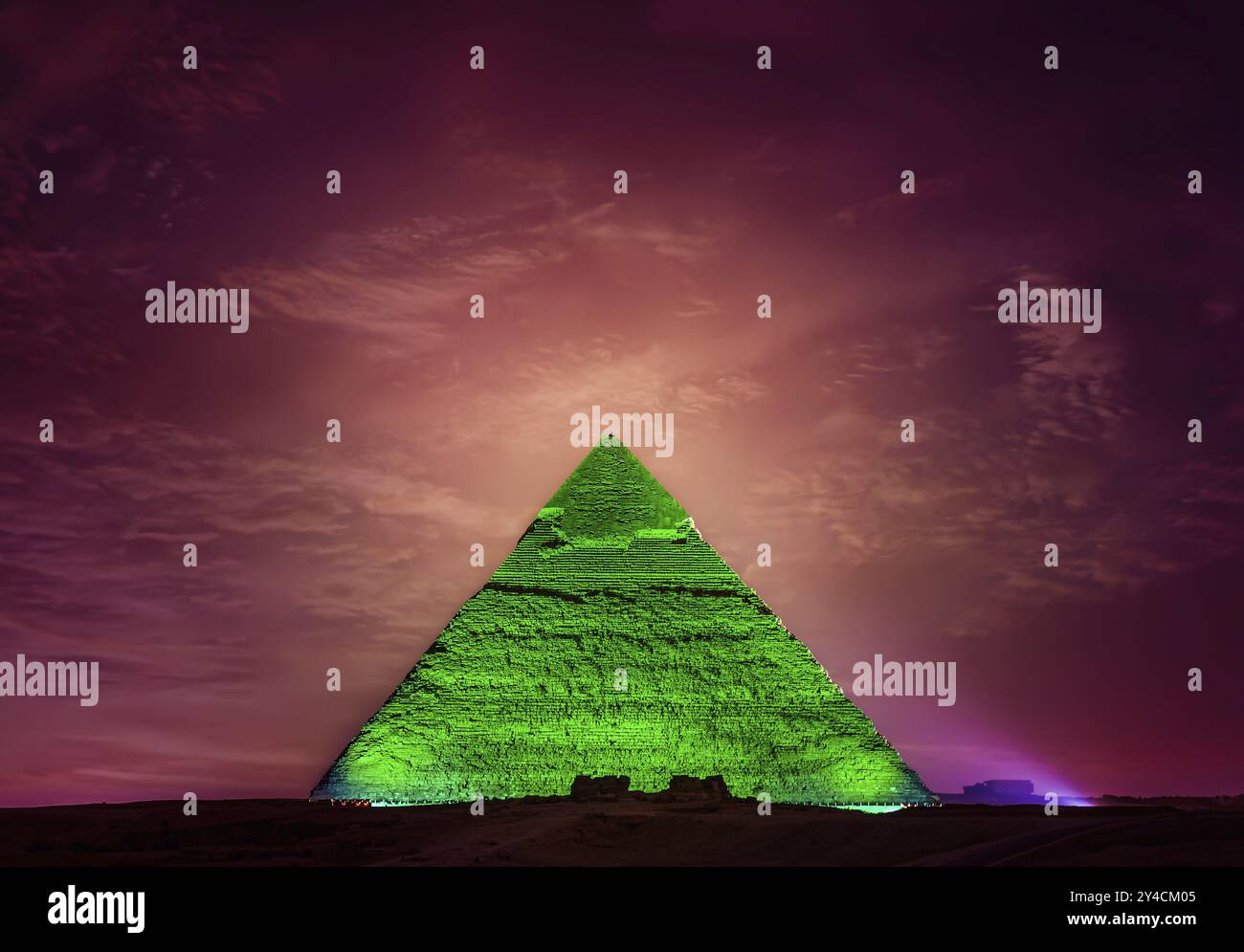 Illuminated pyramid of Khafre at night in Giza, Cairo Stock Photo