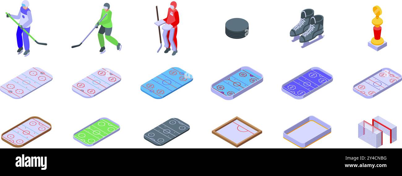 Hockey rink top view icons set. Hockey players training for ...