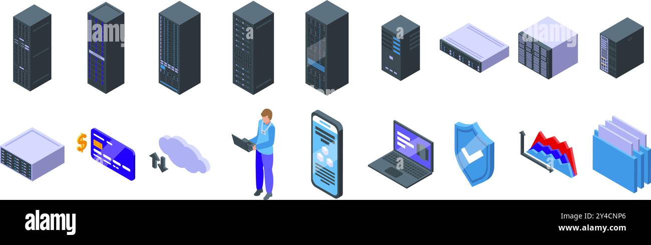 Dedicated server icons set. System administrator working on laptop, managing data storage, server and cloud computing with security and financial analytics Stock Vector