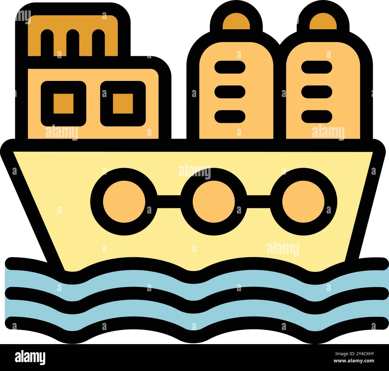 Cargo ship transporting three large containers is sailing on the ocean Stock Vector