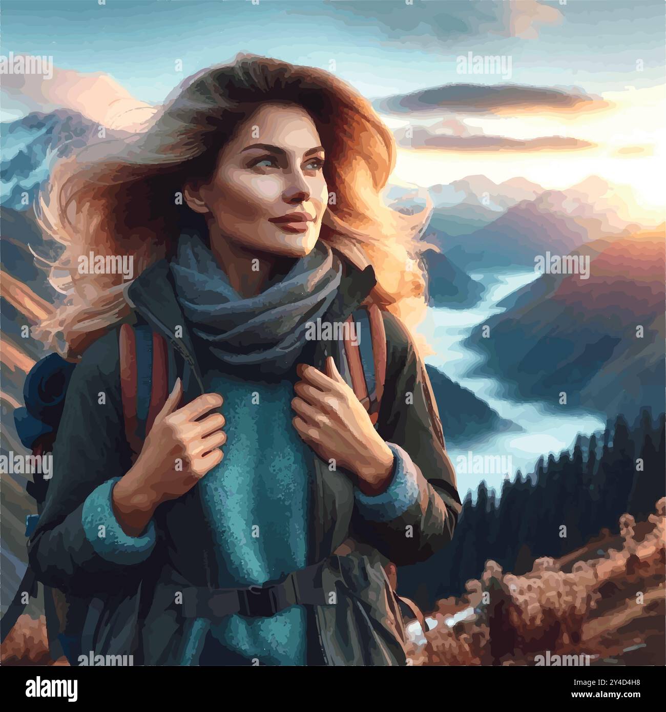 A vibrant woman in her 40s hikes a scenic mountain at sunrise, the wind catching her hair as she embraces freedom, strength and a new chapter of life. Stock Vector