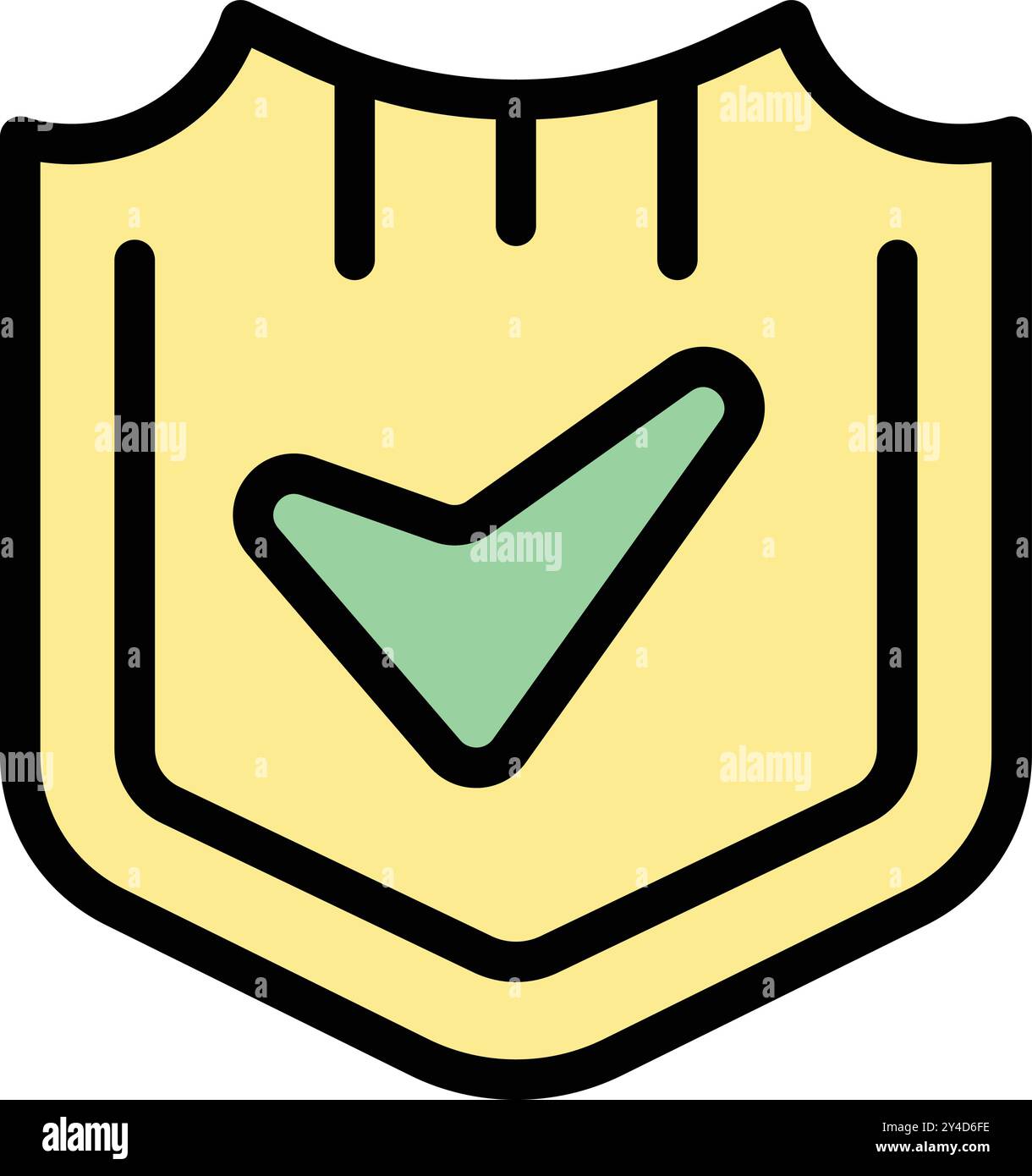 Yellow shield displaying a green check mark icon, representing security approval Stock Vector