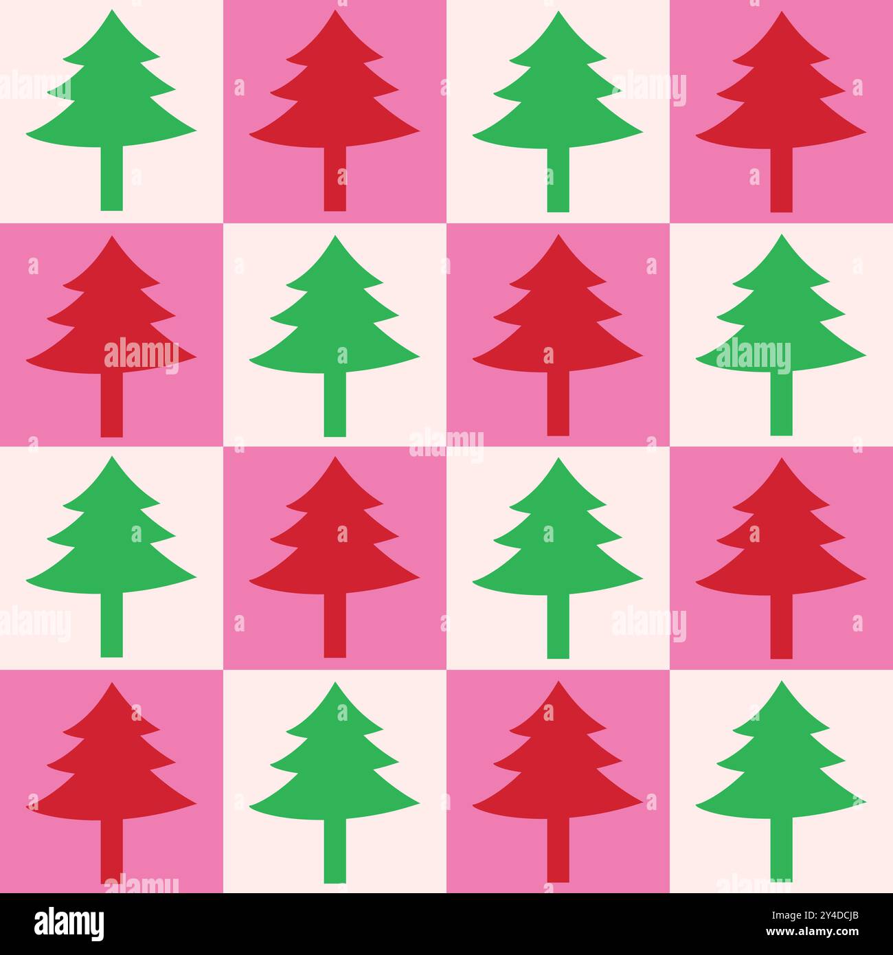 Checkered Christmas trees in green and red on white and pink checkerboards. For Wrapping paper , fabric and home décor Stock Vector