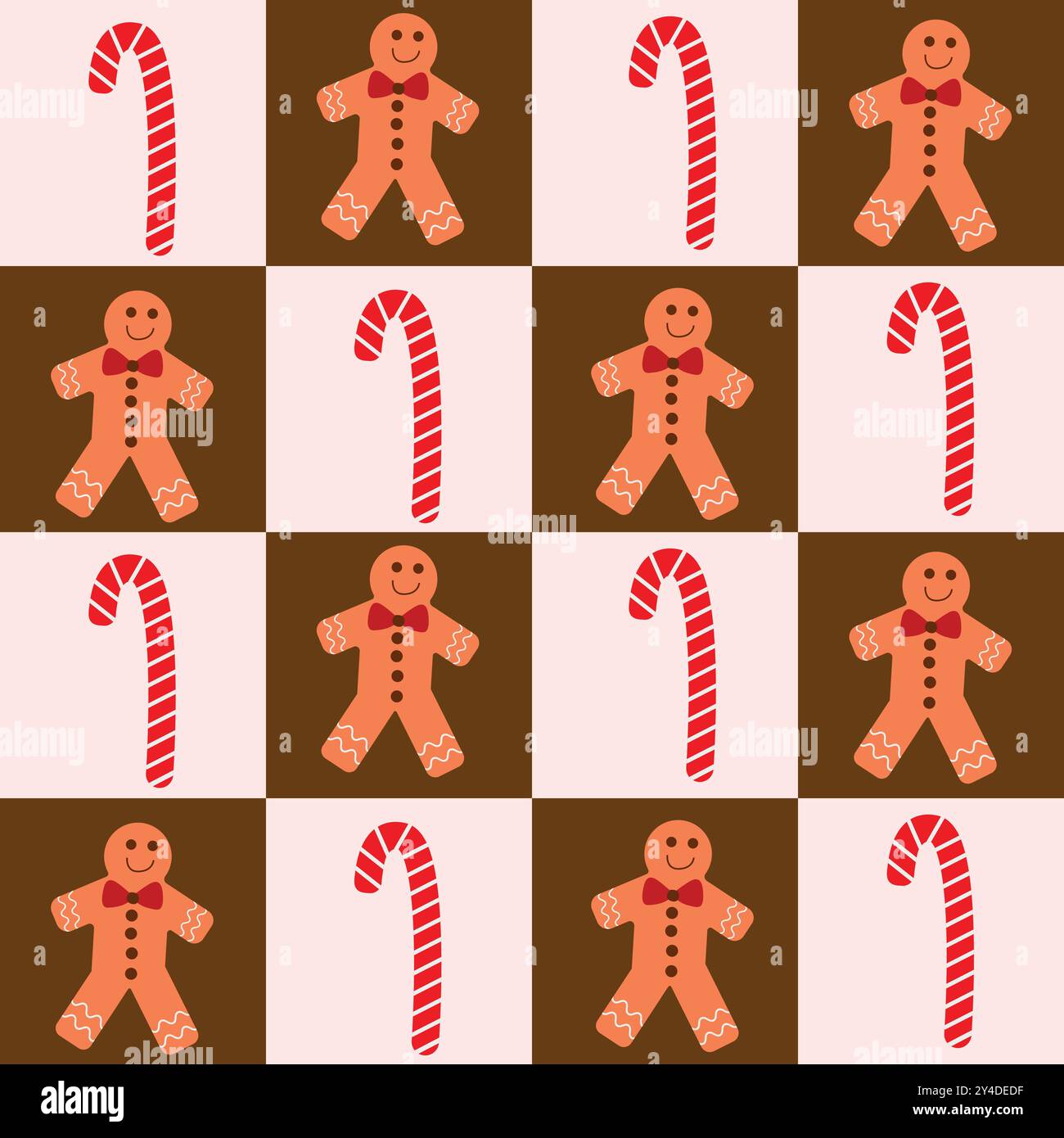 Checkered Christmas Gingerbread man cookie with striped candy cane on white and brown checkerboards seamless pattern. For Christmas wrapping paper, fa Stock Vector