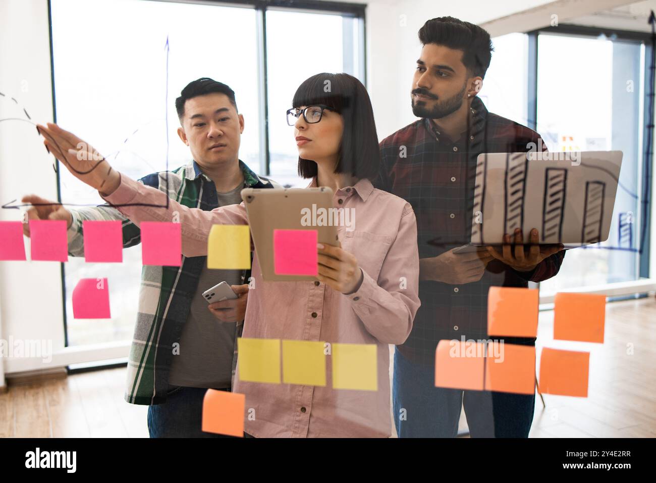 Team brainstorming session with sticky notes and tablet Stock Photo - Alamy